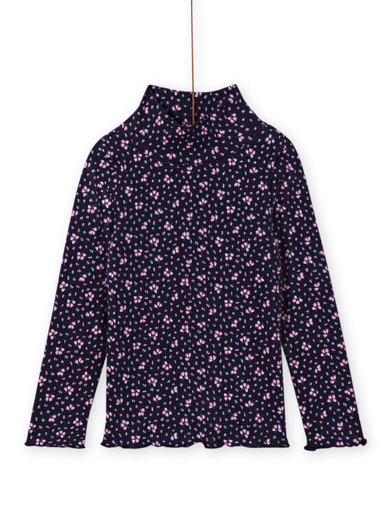 Sous-pull côtelé bleu marine à imprimé fleuri enfant fille MAJOSOUP6 / 21W901N3SPL070