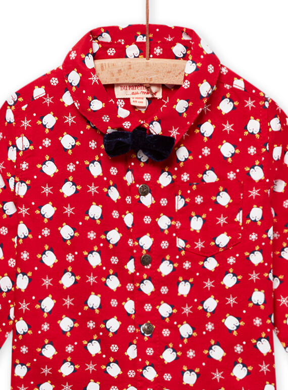 Chemise oxford rouge à imprimé pingouin, flcons et nœud papillon bébé garçon MUNOCHEM / 21WG10Q2CHM050