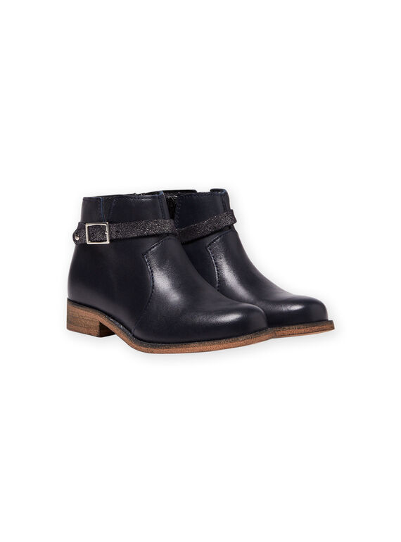 Boots bleu marine en cuir enfant fille MABOOTREP / 21XK3552D0D070