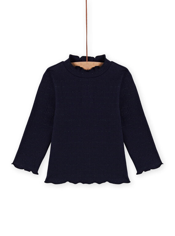 Sous-pull bleu marine côtelé à rayures irisées bébé fille MIJOSOUPRIB2 / 21WG09N4SPL070
