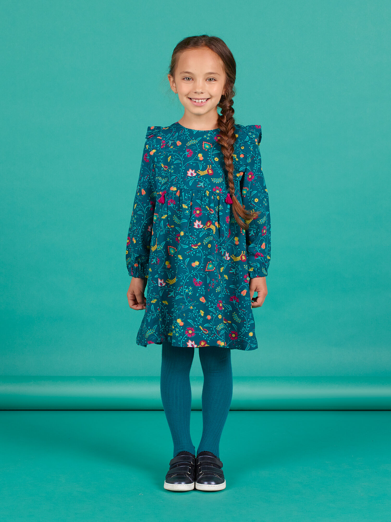 Robe bleu canard en twill imprim fleuri enfant fille Robe DPAM