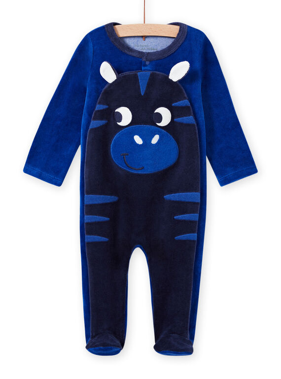 Grenouillère bleue motif zèbre en velours bébé garçon MEGAGREZEB / 21WH1491GRE217