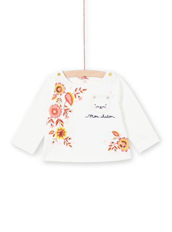 T-shirt écru imprimé fleuri et motif chat bébé fille LINAUTEE / 21SG09L1TML001