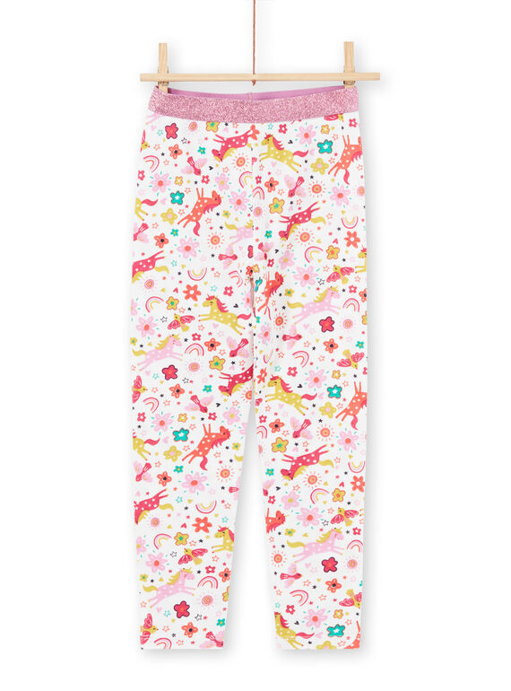 Ensemble pyjama T-shirt et pantalon rose et écru imprimé licornes et fantaisie enfant fille MEFAPYJUNI / 21WH1186PYJ001