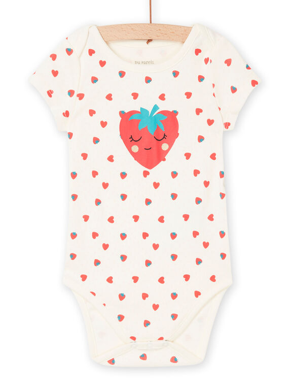 Body écru en coton biologique à imprimé fraises et coeurs REFIBODFRAI / 23SH1315BDL001