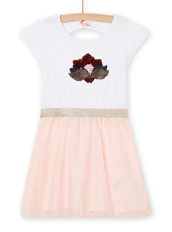 Robe écrue et rose à motif fleuri en sequins réversibles enfant fille NASANROB3 / 22S901S2ROB001