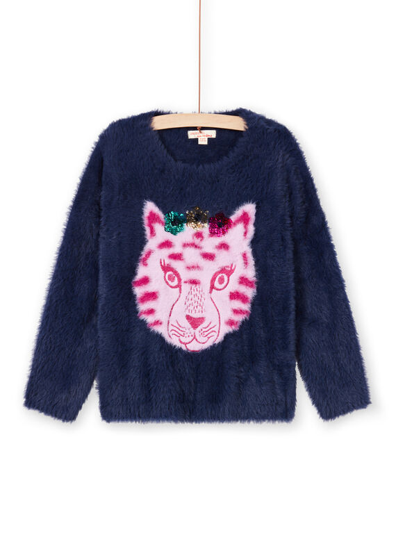 Pull bleu marine en fausse fourrure enfant fille MATUPULL / 21W901K1PUL070