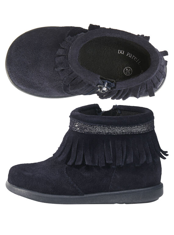 Boots croûte de cuir marine à franges bébé fille GBFBOOTINDM / 19WK37X1D0D070