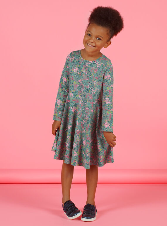 Robe vert kaki et rose imprimé fleuri enfant fille MAKAROB5 / 21W901I2ROB612