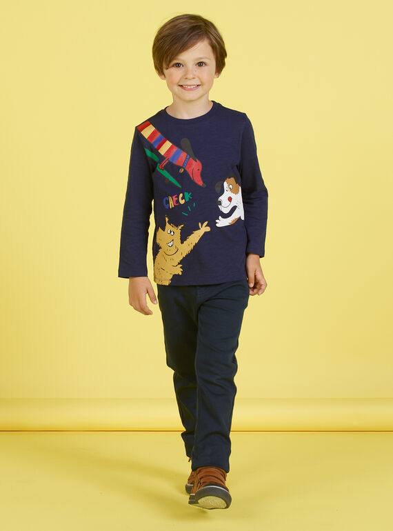 T-shirt bleu marine motifs chiens fantaisie enfant garçon MOMIXTEE5 / 21W902J4TML717