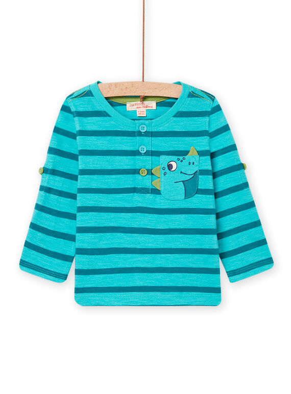T-shirt turquoise à rayures et motif dinosaure bébé garçon NUJOTUN1 / 22SG1074TML202