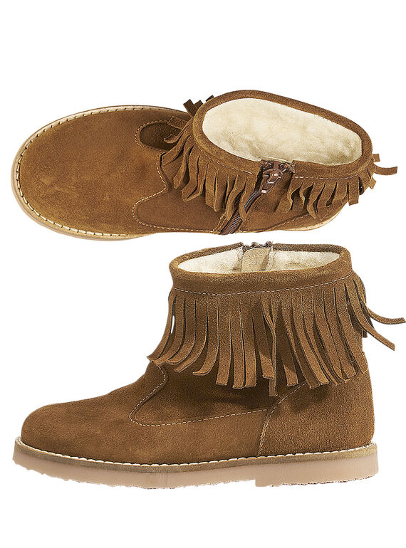 Boots à frange croûte de cuir camel enfant fille GFBOOTFRAN / 19WK35X3D0D804