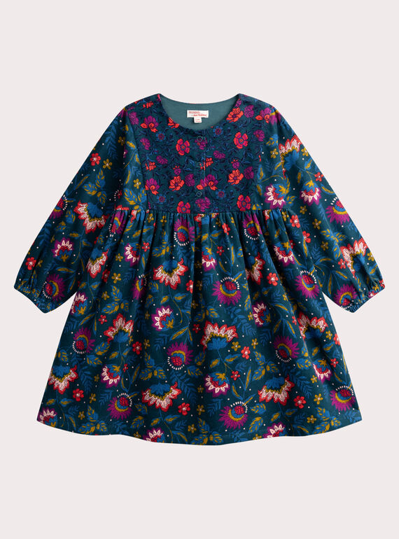 Robe verte en velours côtelé imprimé fleuri pour fille VAKYROB1 / 24W901S1ROBG633