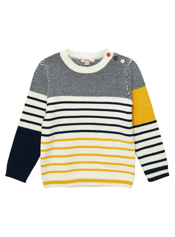 Pull en coton garçon rayé et jacquard marine, jaune et gris JOJOPUL4 / 20S90241D2E705