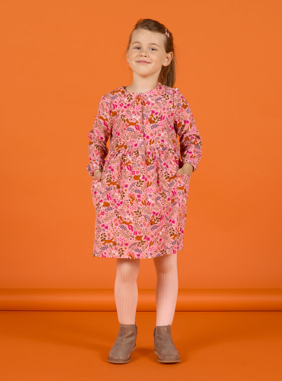 Robe vieux rose imprimé fleuri fantaisie en velours enfant fille MASAUROB1 / 21W901P2ROB303