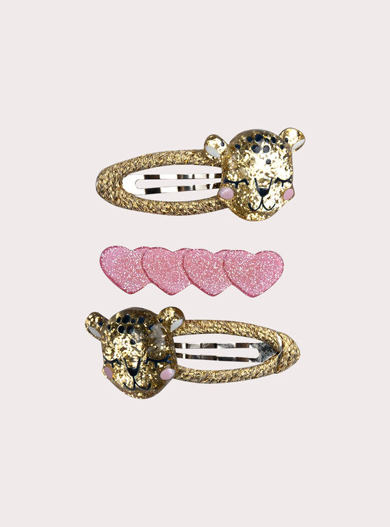 Lot de 3 barrettes léopard et c&oelig;urs paillettés pour fille XYAJOCLIP2 / 25WI01I5BRTK008