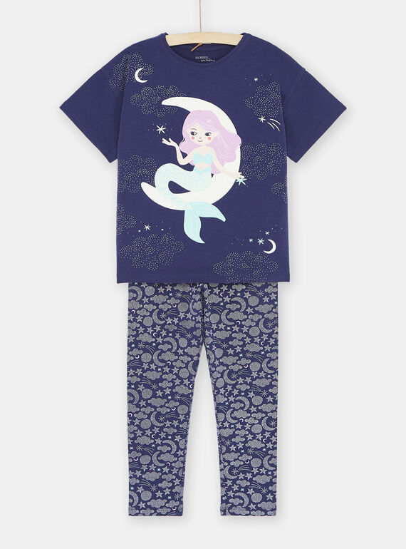 Pyjama bleu phosphorescent à motif sirène sur la Lune fille SEFAPYJMOO / 23WH1131PYJ703