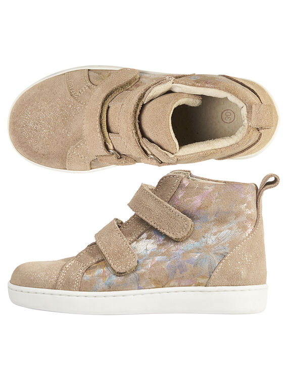Basket montante croûte de cuir beige et cuir fantaisie enfant fille GFBASBEIG / 19WK35I8D3F080