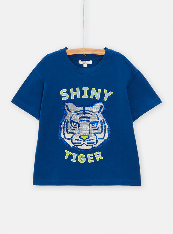 T-shirt marine tigre en sequins magique pour garçon TODETI / 24S902J2TMC070