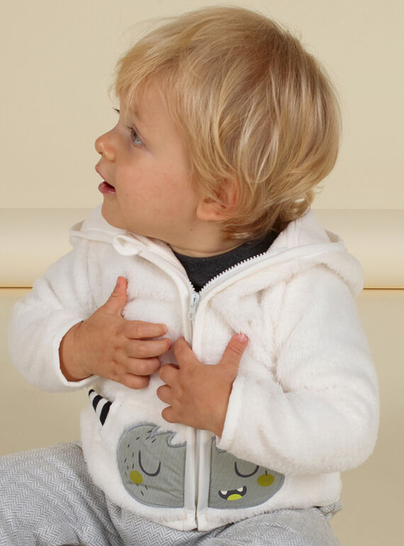 Gilet à capuche écru motif monstre en soft boa bébé garçon MUHIGIL / 21WG10U1GIL001