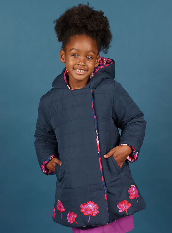 Parka à capuche réversible rose et bleu marine enfant fille MAPAPARKA / 21W90151PAR070