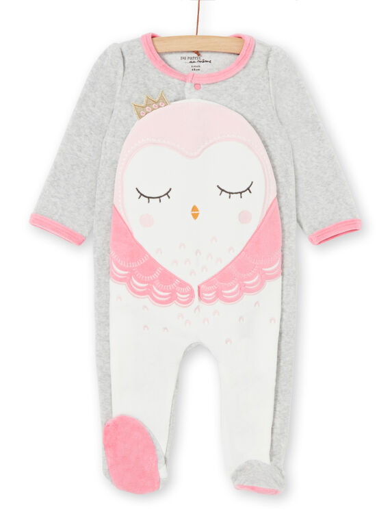 Grenouillère gris chiné et rose en velours motif hibou LEFIGRECHOU / 21SH1358GREJ920