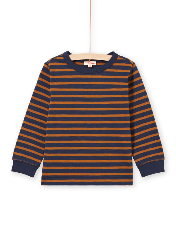 T-shirt manches longues à rayures marrons et bleu marine enfant garçon MOJOTIRIB4 / 21W9022BTML812