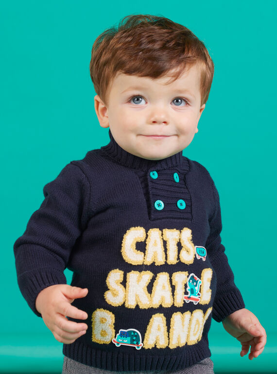 Pull bleu col cheminé broderies fantaisie bébé garçon MUTUPUL / 21WG10K1PULC234