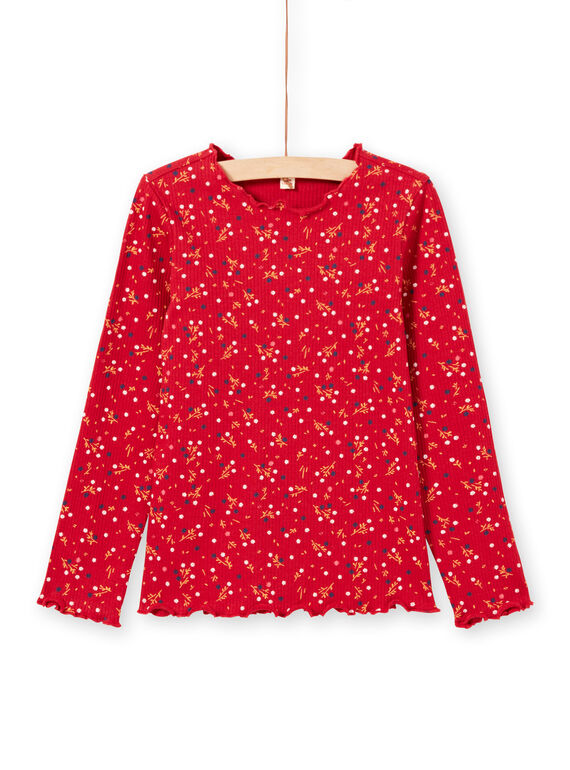 T-shirt côtelé manches longues rouge motif fleuri enfant fille MAJOUTEE5 / 21W90126TML511
