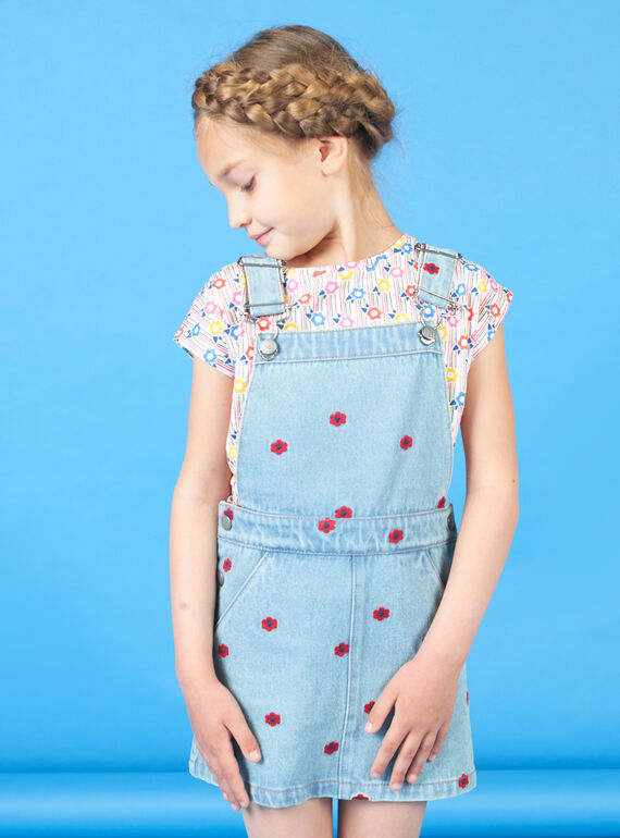 Robe salopette en jean brodée enfant fille LAHAROB1 / 21S901X2ROBP272