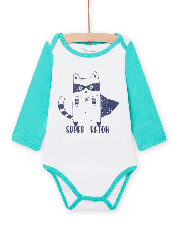 Body blanc et turquoise à motif raton-laveur bébé garçon NEGABODRAT / 22SH14I4BDL000