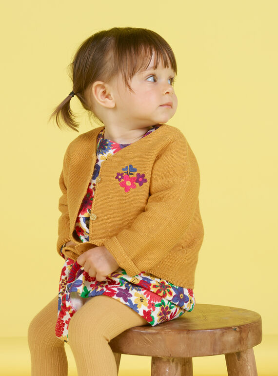 Cardigan jaune moutarde brodé bébé fille MIMIXCAR / 21WG09J1CARB106