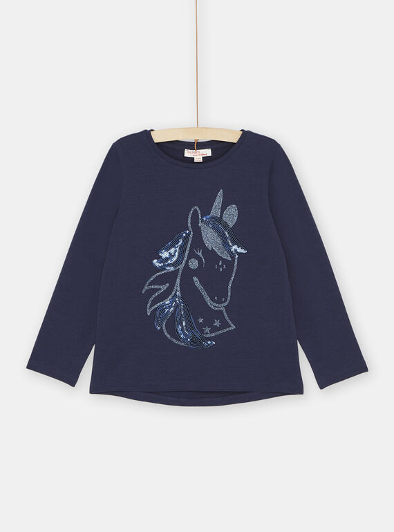 T-shirt bleu marine à motif licorne fille SAJOYTEE1 / 23W901B5TML070