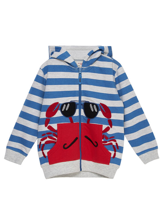 Gilet en molleton rayé gris chiné clair et bleu animé crabe JOCEAGIL / 20S902N1GIL201