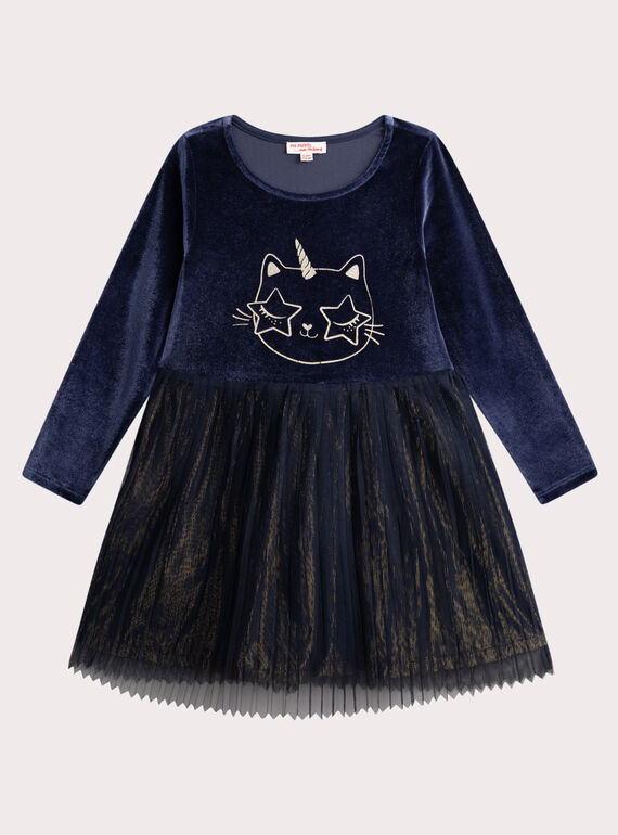 Robe bleue avec tulle animation chat glitter pour fille VAWAROB1 / 24W901T2ROB070