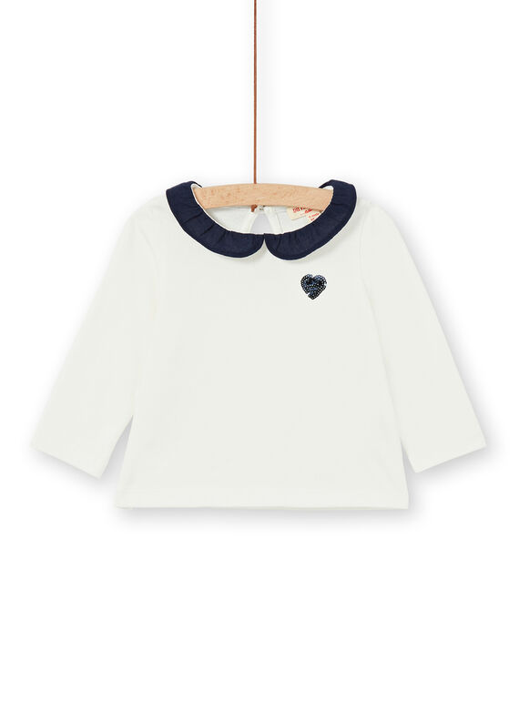 T-shirt écru motif cœur en sequins bleu bébé fille LIJOBRA4 / 21SG0934BRA001