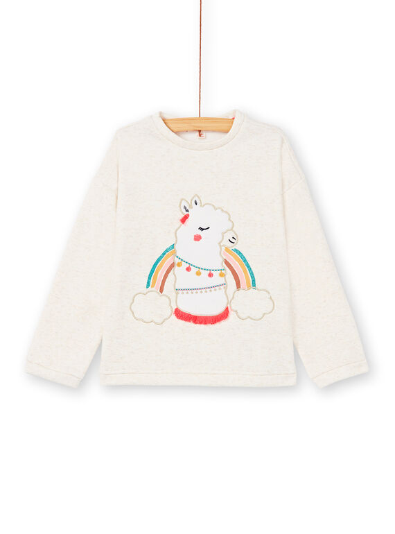 Sweat à manche longue écru chiné avec un glitter spay et tête de lama KAGOSWEA / 20W901L1SWE001