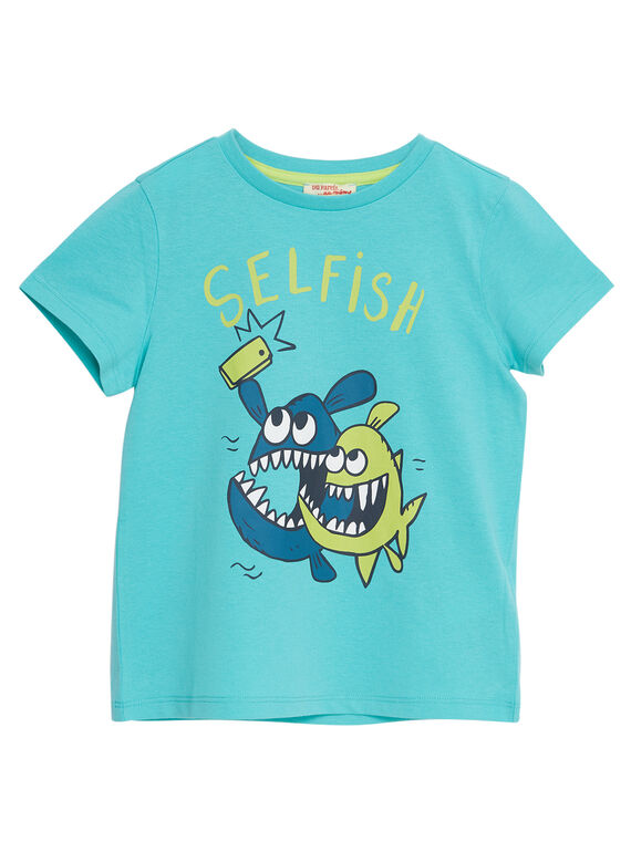 Tee shirt garçon manches courtes turquoise selfy poissons JOJOTI7 / 20S902T2D31204