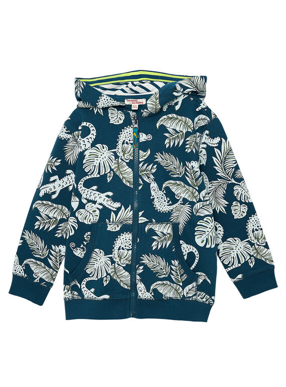 Gilet garçon en molleton imprimé jungle et crocos bleu pétrole JOCLOGIL / 20S90211GIL715