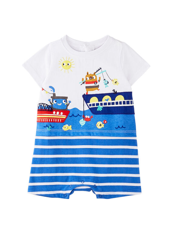 Grenouillère courte bébé garçon blanche et bleue  JEGAGREMER / 20SH14U4GRE000