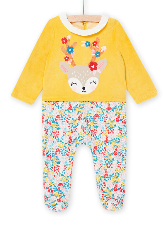 Grenouillère en velours moutarde imprimé fleuri bébé fille MEFIGRECER / 21WH1391GRE010