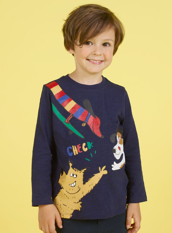 T-shirt bleu marine motifs chiens fantaisie enfant garçon MOMIXTEE5 / 21W902J4TML717