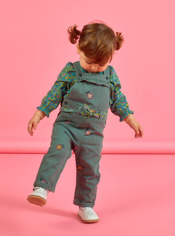 Salopette vert kaki à broderies fleuries bébé fille MIKASAL / 21WG09I1SAL626