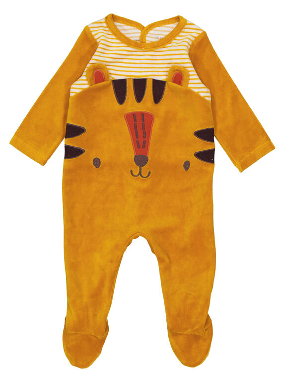 Grenouillère rayée jaune et écru en velours layette garçon GEGAGRETIG / 19WH14N3GREB105