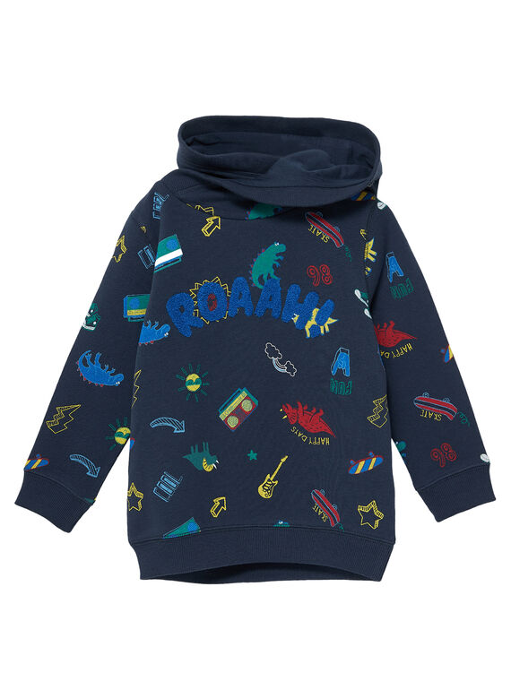Sweat shirt garçon à capuche marine imprimé JOGRASWE / 20S902E1SWE705