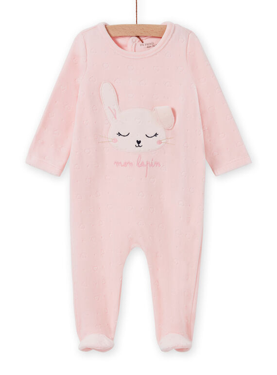 Grenouillère rose en velours motif lapin bébé fille MEFIGRELAP / 21WH1386GRED310