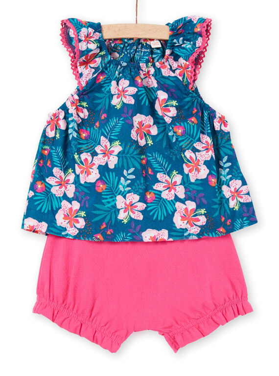 Ensemble top et short bleu pétrole et rose bébé fille LIBONENS / 21SG09W1ENS716