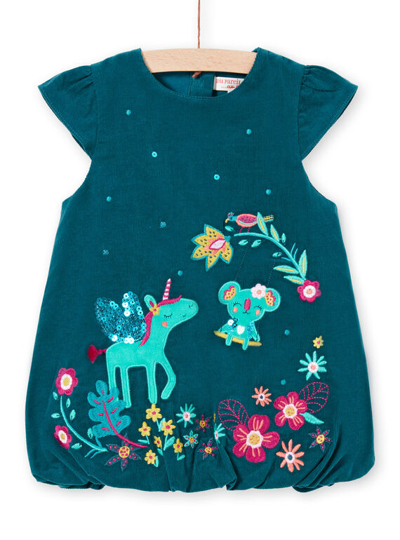 Robe boule bleu canard motif fantaisie à sequins bébé fille MITUROB2 / 21WG09K2ROB714