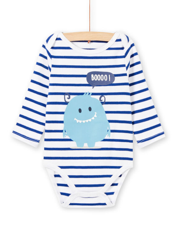 Body blanc manches longues à rayures motif monstre bébé garçon MEGABODMON / 21WH14B3BDL000