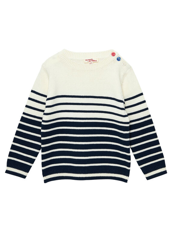 Pull en coton garçon rayé et jacquard marine et ecru JOJOPUL2 / 20S90243D2E003